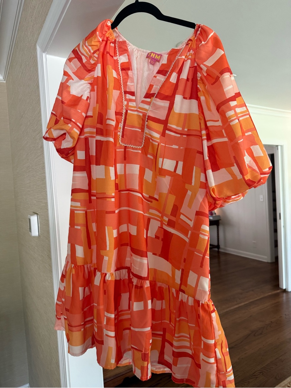 Boutique Orange & Cream Printed Puff-Sleeve Tunic Dress